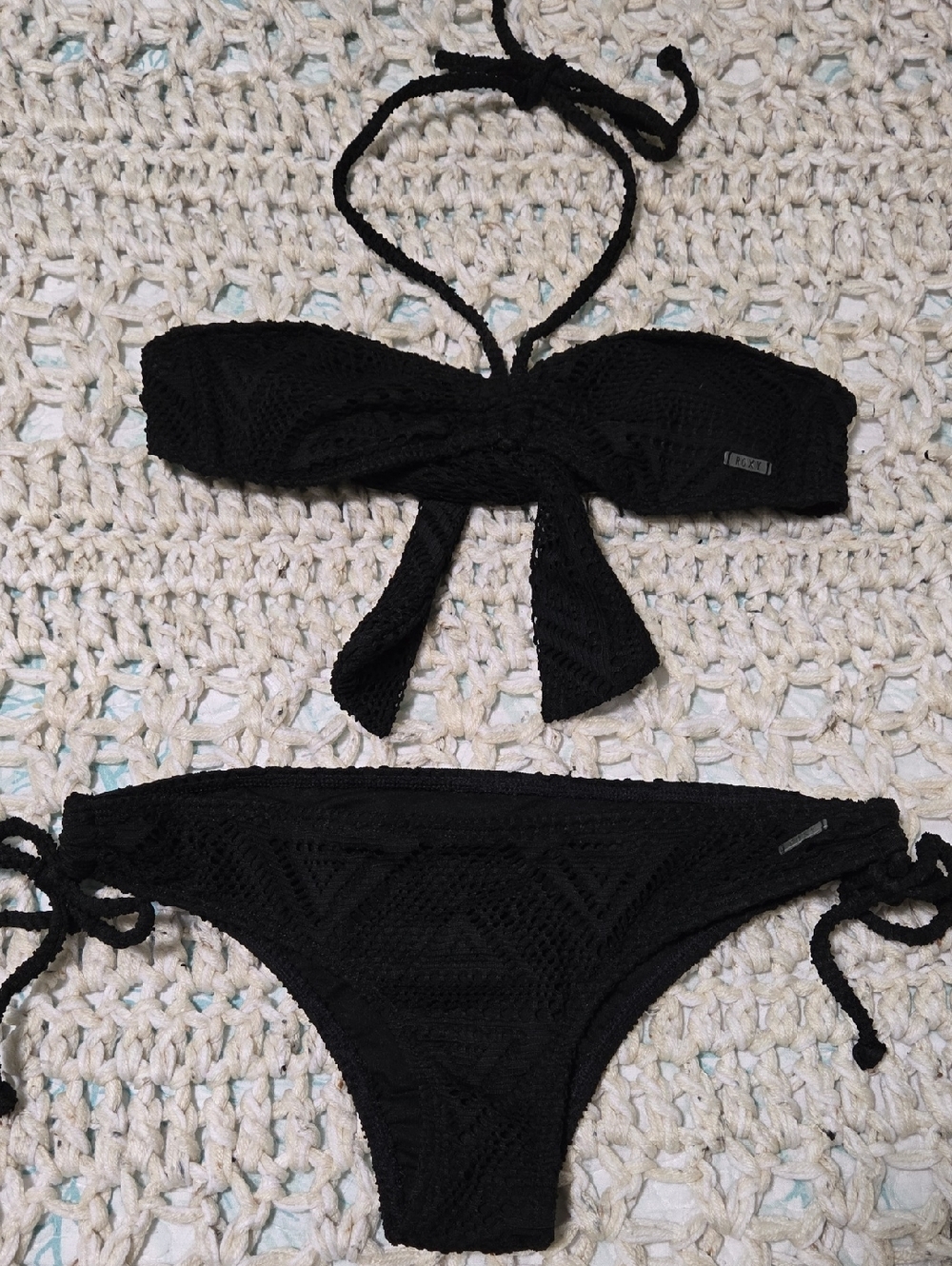Roxy Black Crochet Bandeau Bikini Set